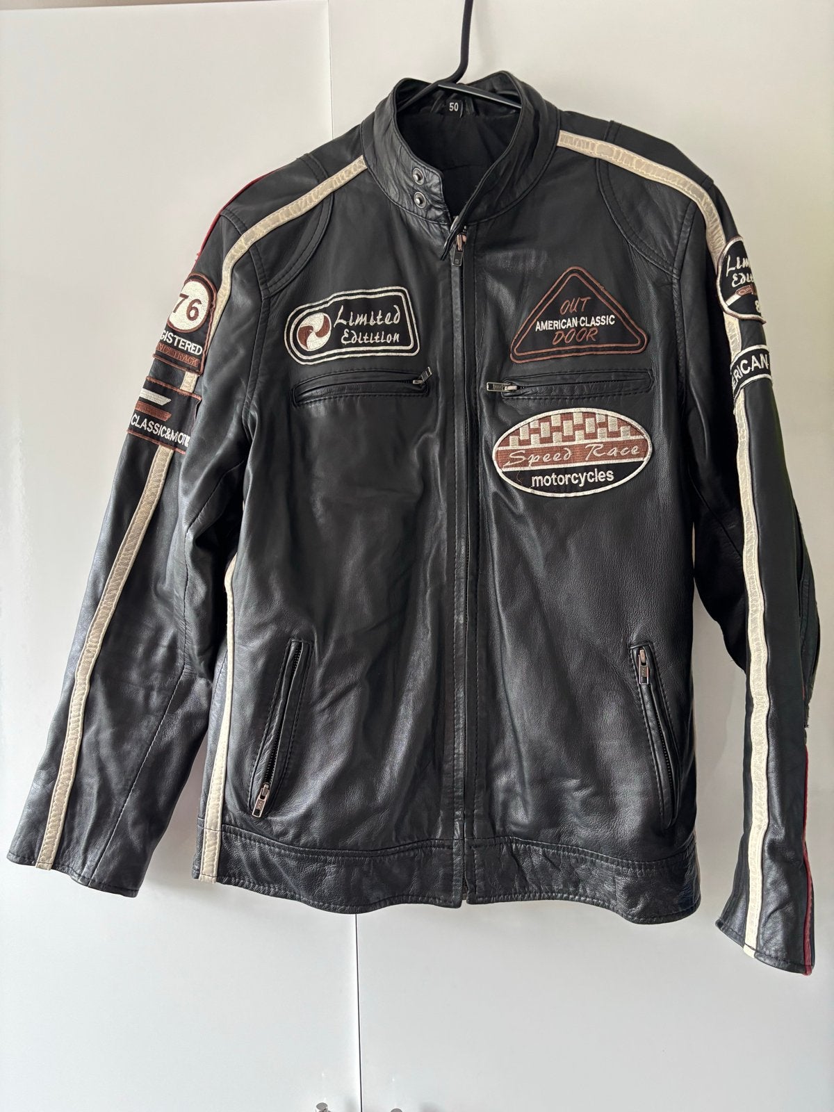 Leren motorjas met patches - Maat 50, Ophalen, Tweedehands, Heren, Jas | leer