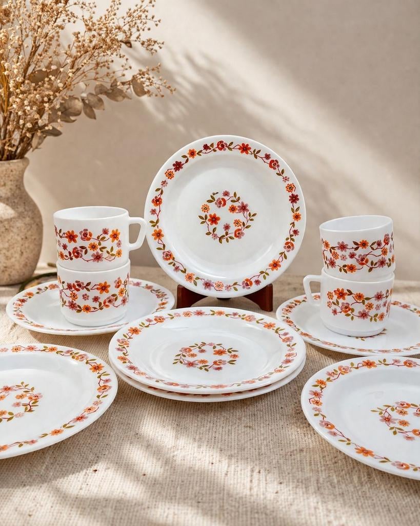 Vintage ontbijtset 6 bordjes en 4 kopjes oranje Arcopal, Ophalen of Verzenden, X, Overige stijlen, Kop(pen) en/of Schotel(s)
