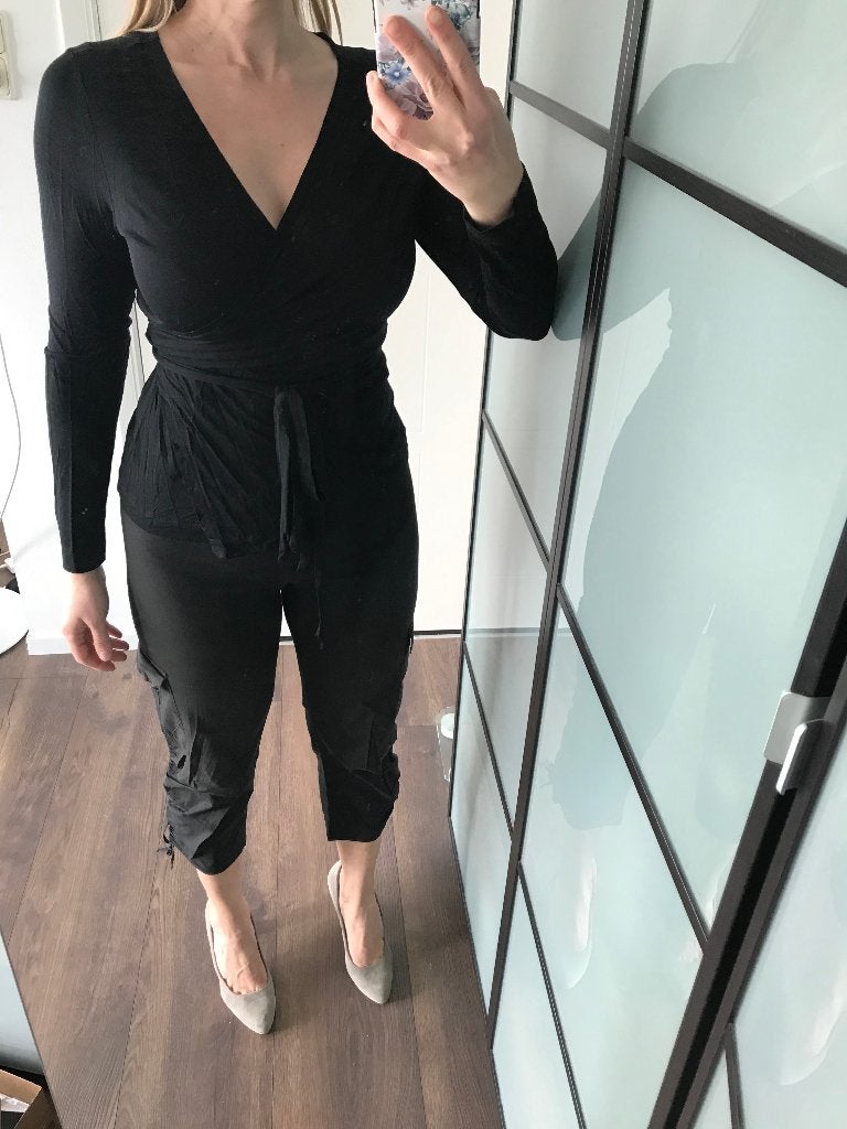 Promod zwarte capri broek driekwart broek met strikkoord 38, Kleding | Dames, Maat 38/40 (M), Zwart, Nieuw, Driekwart