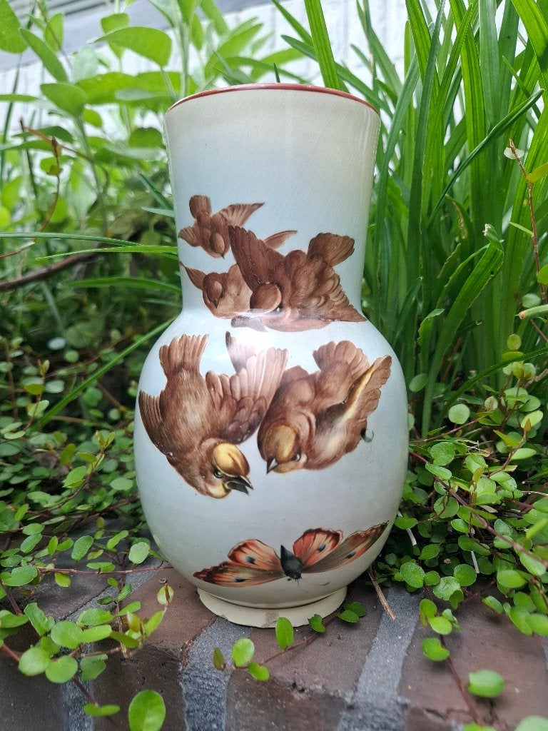 Prachtige antieke vaas met handbeschilderde vogeltjes, Ophalen of Verzenden