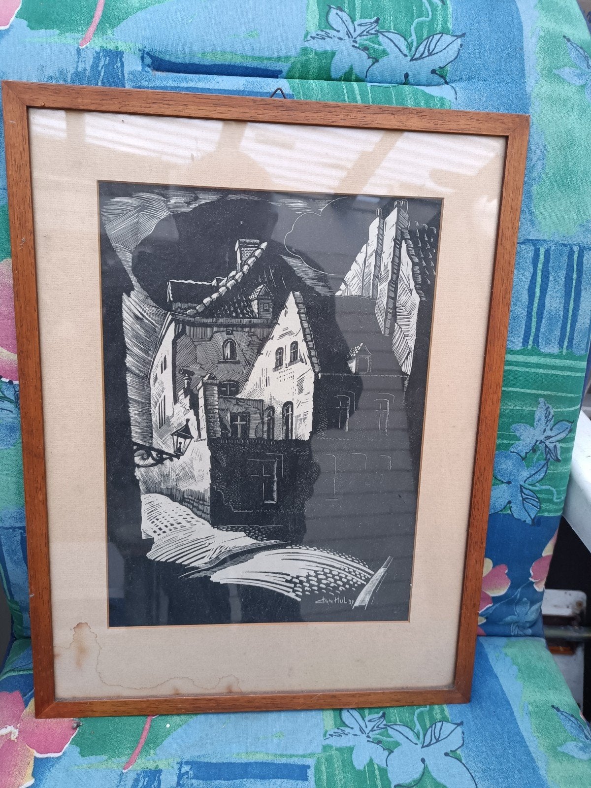 Oude stadsgezicht houtsnede - gesigneerd, Antiek en Kunst, Stadsgezicht, Houtsnede, 1900 - 1949, Ingelijst
