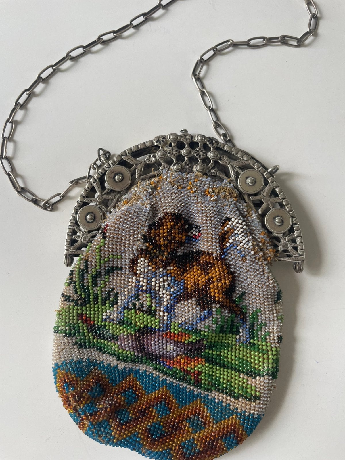 Antiek buidel tasje met zilveren beugel, Ophalen of Verzenden, Dames