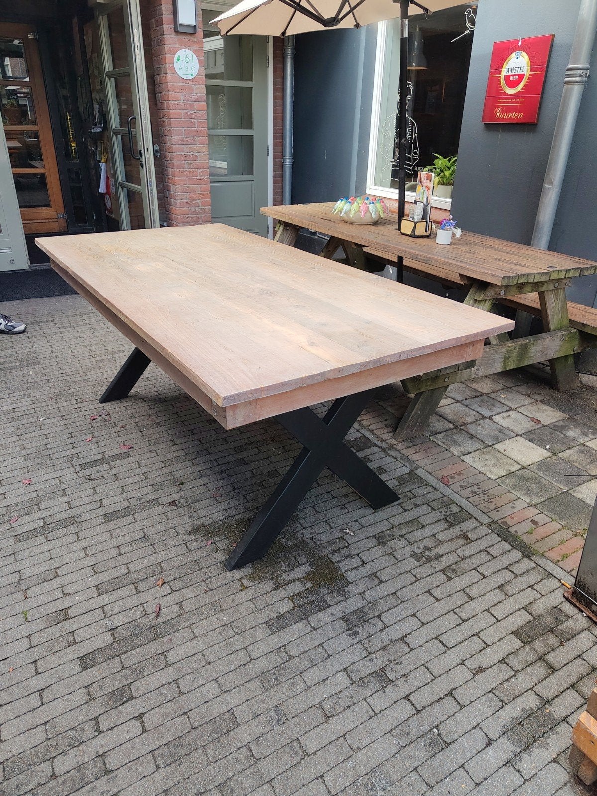 Houten Tafel 200x90 met stalen X poten, moet weg, Huis en Inrichting, Ophalen, 200 cm of meer, 50 tot 100 cm, Zo goed als nieuw