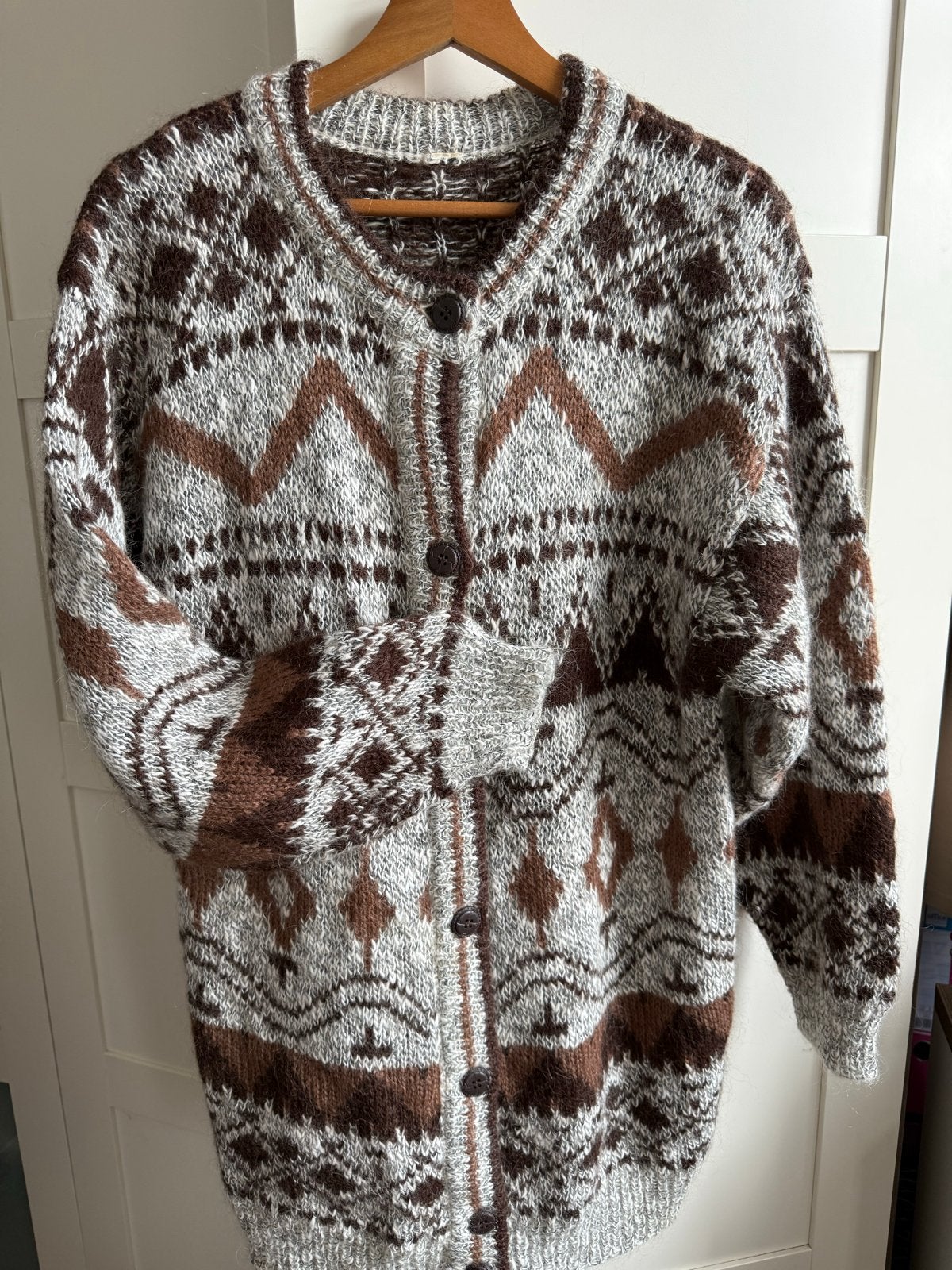 Warm gebreid vest/jasje met Noors patroon mohair vest, Ophalen of Verzenden, Zo goed als nieuw, Maat 38/40 (M), Bruin