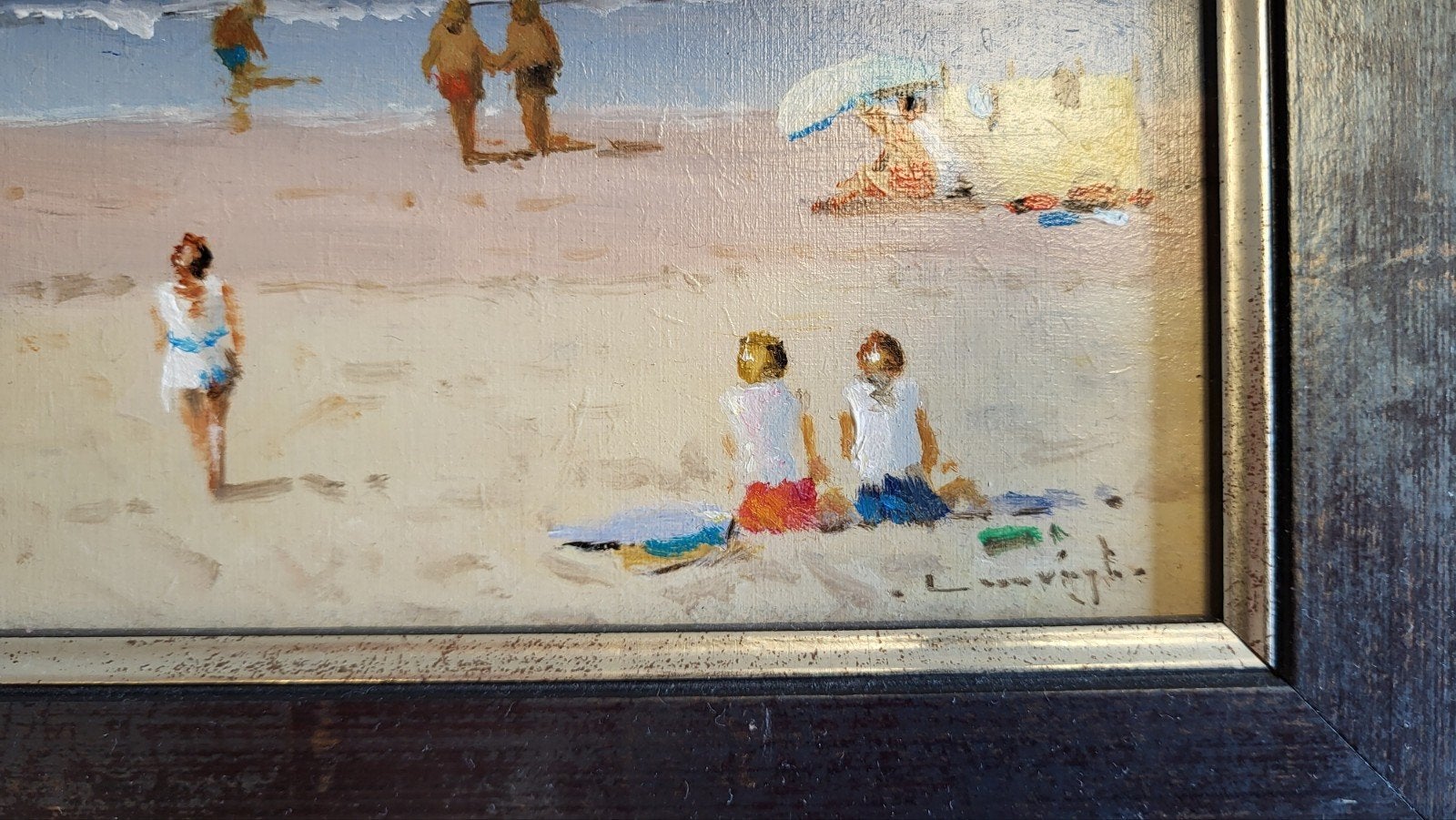 Schilderij strandgezicht met badgasten en boten, Impressionistisch, Ophalen of Verzenden, Gesigneerd, Olieverf