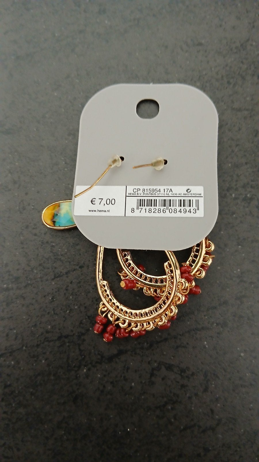 Hema Gouden Oorbellen met Blauwe en Rode Details, Ophalen of Verzenden