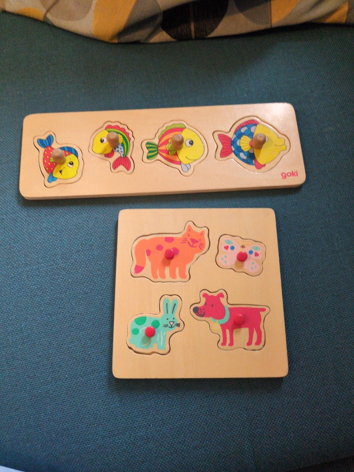 Houten insteekpuzzels: vissen en dieren (Goki), Ophalen, 2 tot 4 jaar, Gebruikt, Van hout