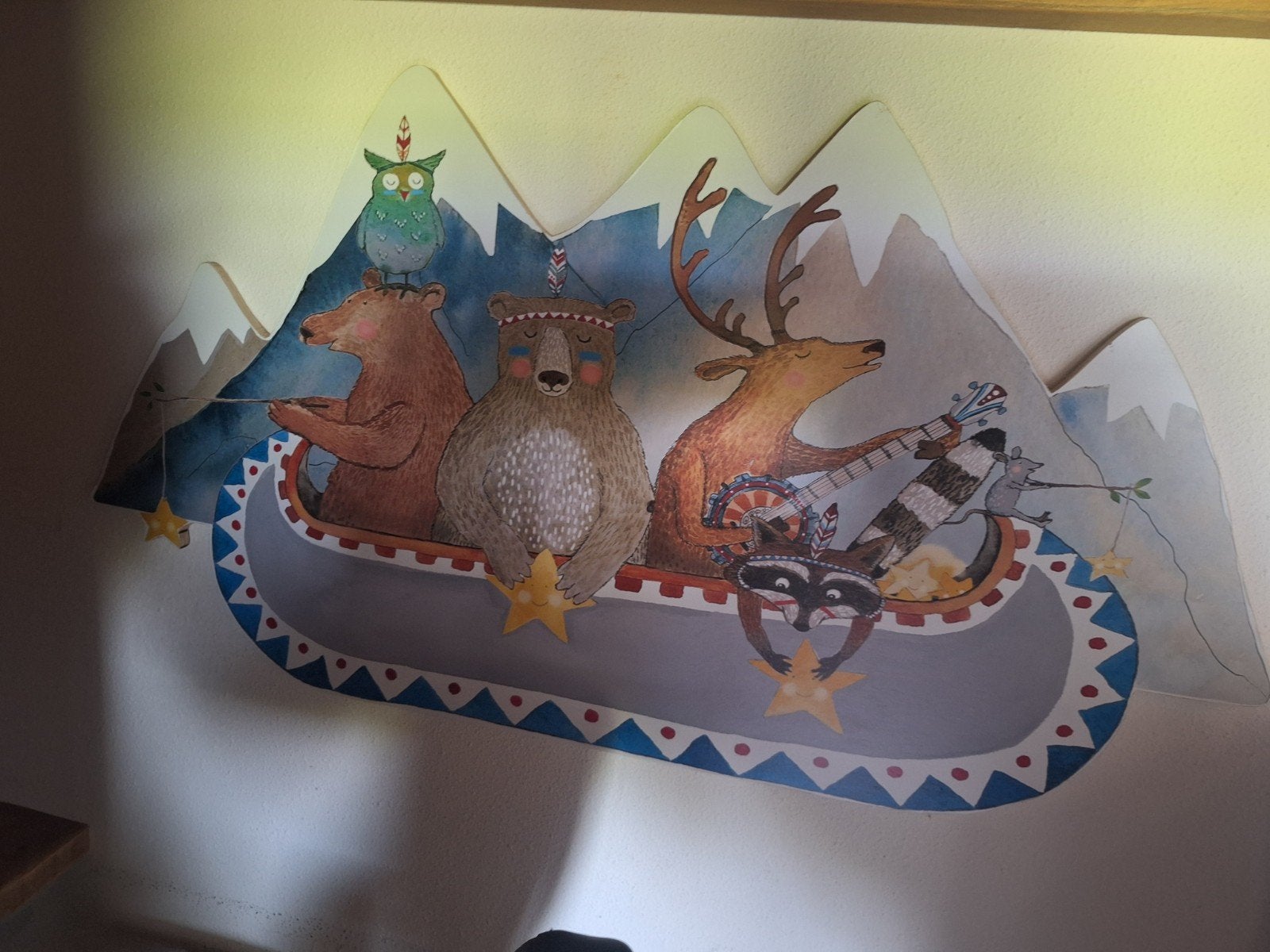 Wanddecoratie op hout - Dieren in kano (83x45 cm), Ophalen, Gebruikt, Hout, Wandbord of Wandpaneel