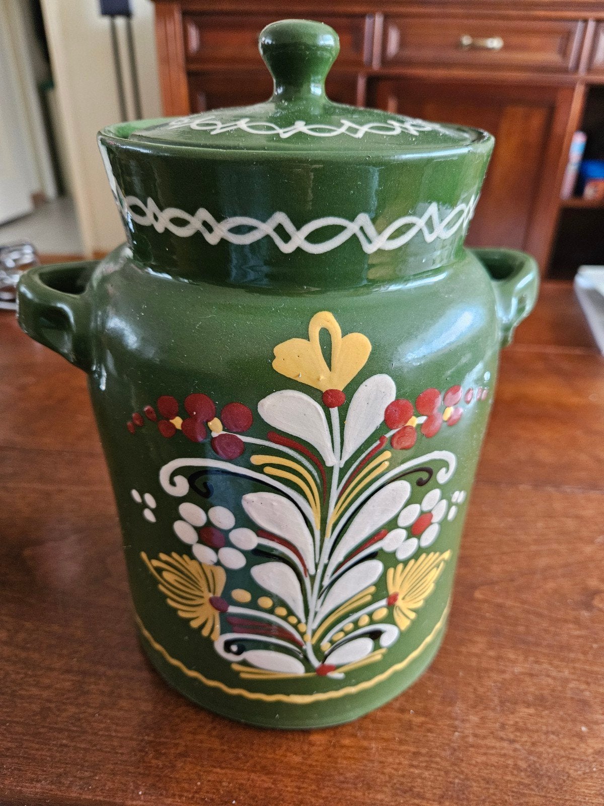 Vintage Groene Keramische Pot met Deksel en Handvatten, Antiek en Kunst, Antiek | Keramiek en Aardewerk, Ophalen