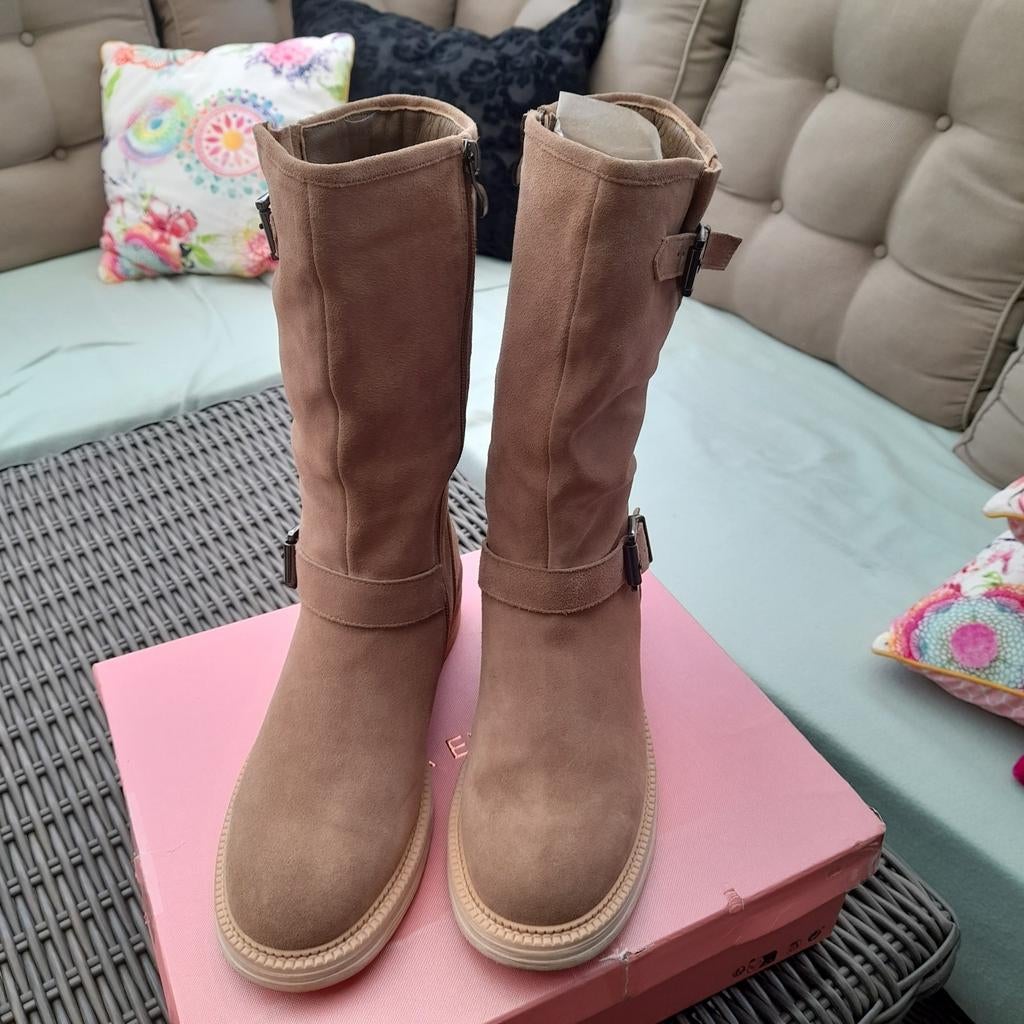 Alma en Pena leren bikerlaarzen beige-zand, Kleding | Dames, Schoenen, Ophalen, Hoge laarzen, Beige, Zo goed als nieuw