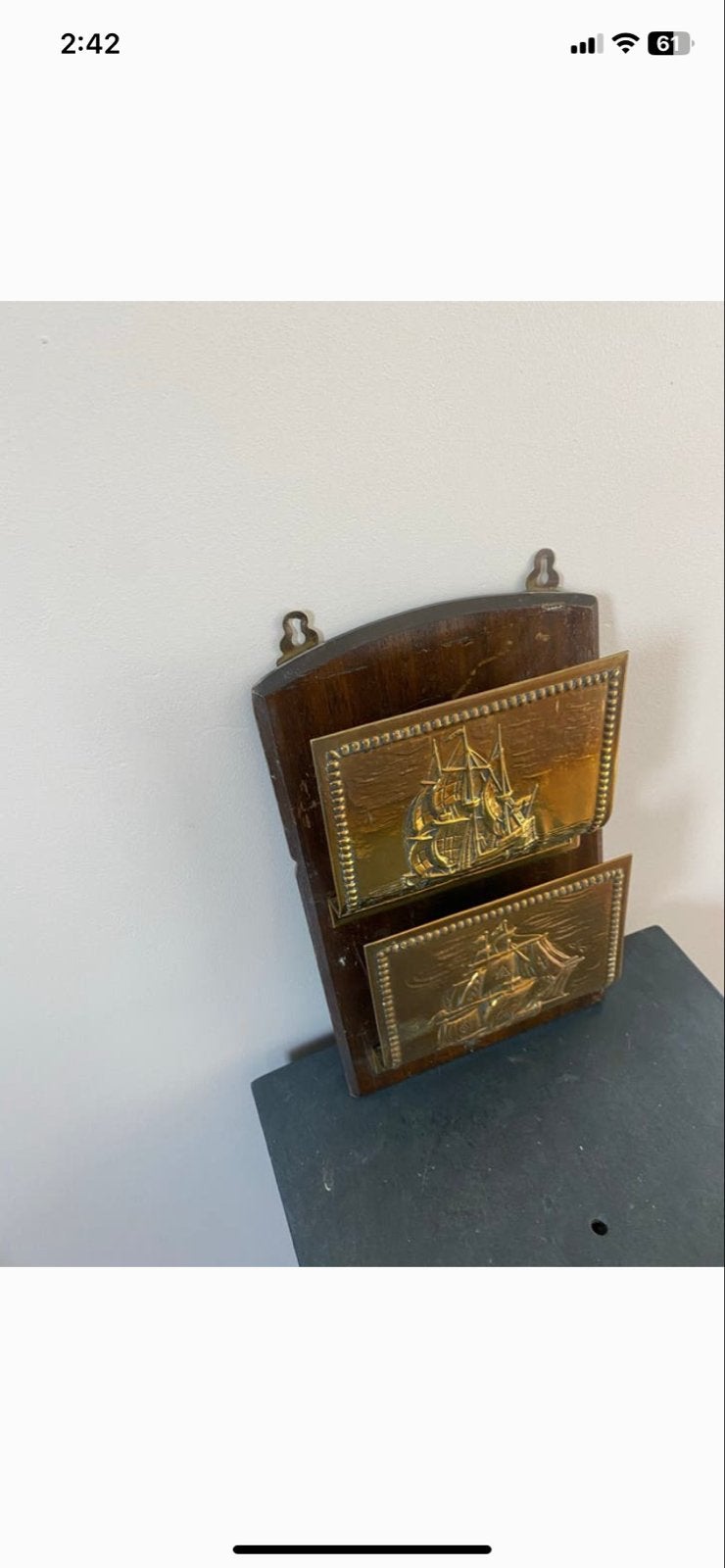 Vintage houten brievenhouder met messing schepen, Antiek en Kunst, Ophalen of Verzenden