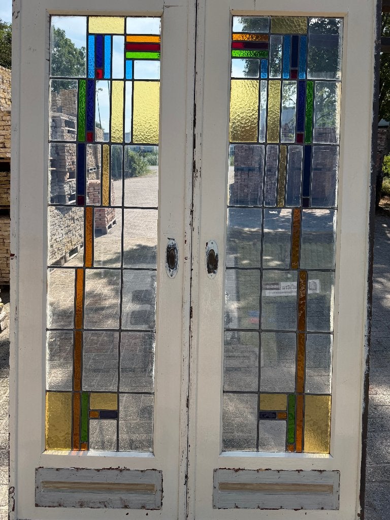 Set schuif / en-suite deuren met glas in lood 212x135cm., Antiek en Kunst, Curiosa en Brocante, Ophalen