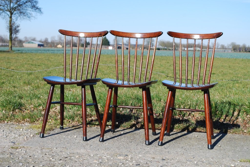 Vintage houten spijlenstoelen (3), Ophalen, Gebruikt, Bruin, Vintage