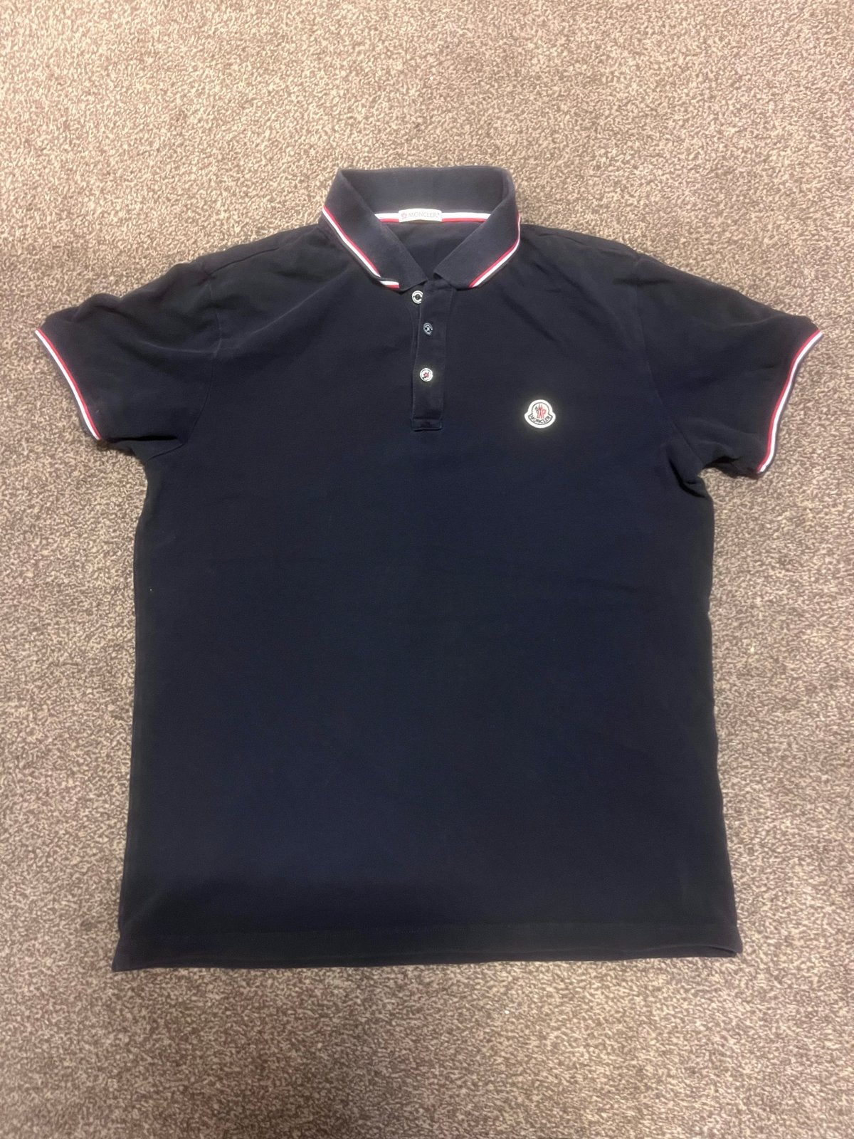 Original Moncler Polo Shirt - Donkerblauw met Rood/Witte, Kleding | Heren, Ophalen of Verzenden, Gedragen, Maat 48/50 (M), Blauw