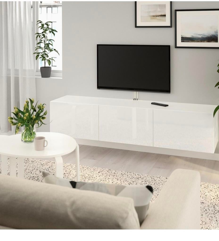 IKEA Besta tv-meubel met wit glazen toppaneel 180 cm, 150 tot 200 cm, Ophalen of Verzenden, Zo goed als nieuw, Minder dan 100 cm