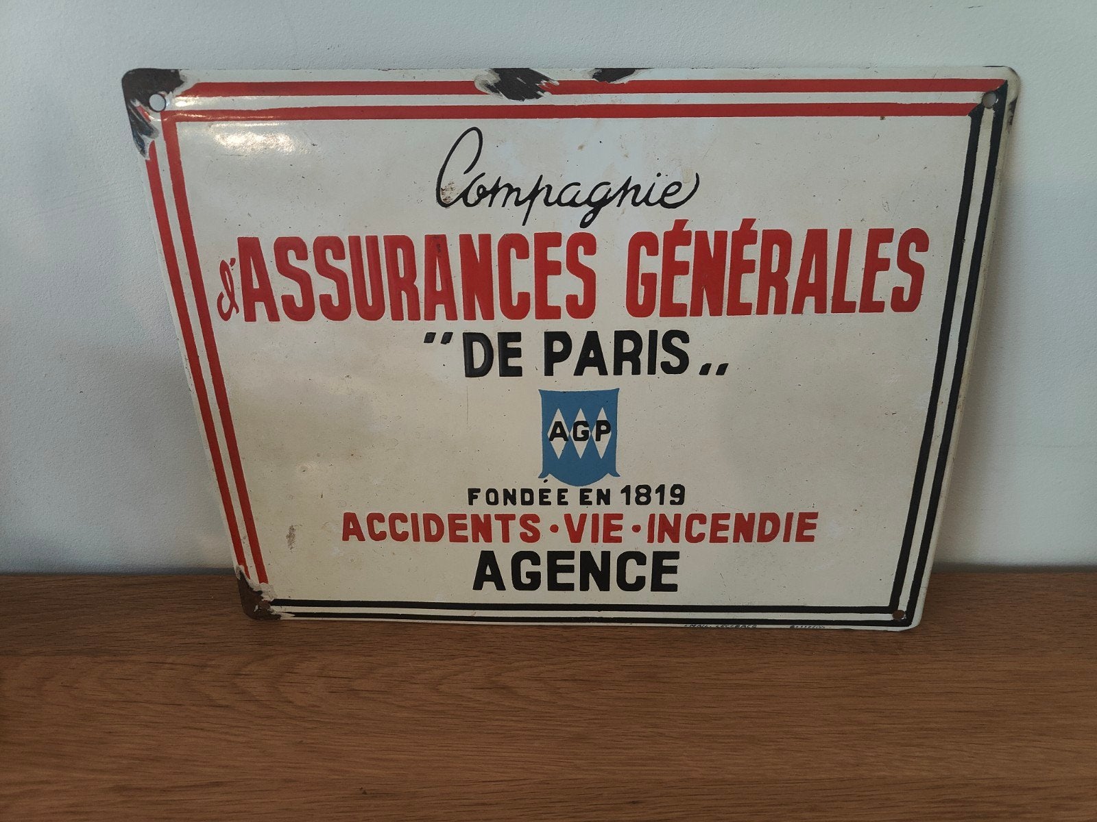 Emaille bord Compagnie d'Assurances Générales de Paris, Ophalen of Verzenden