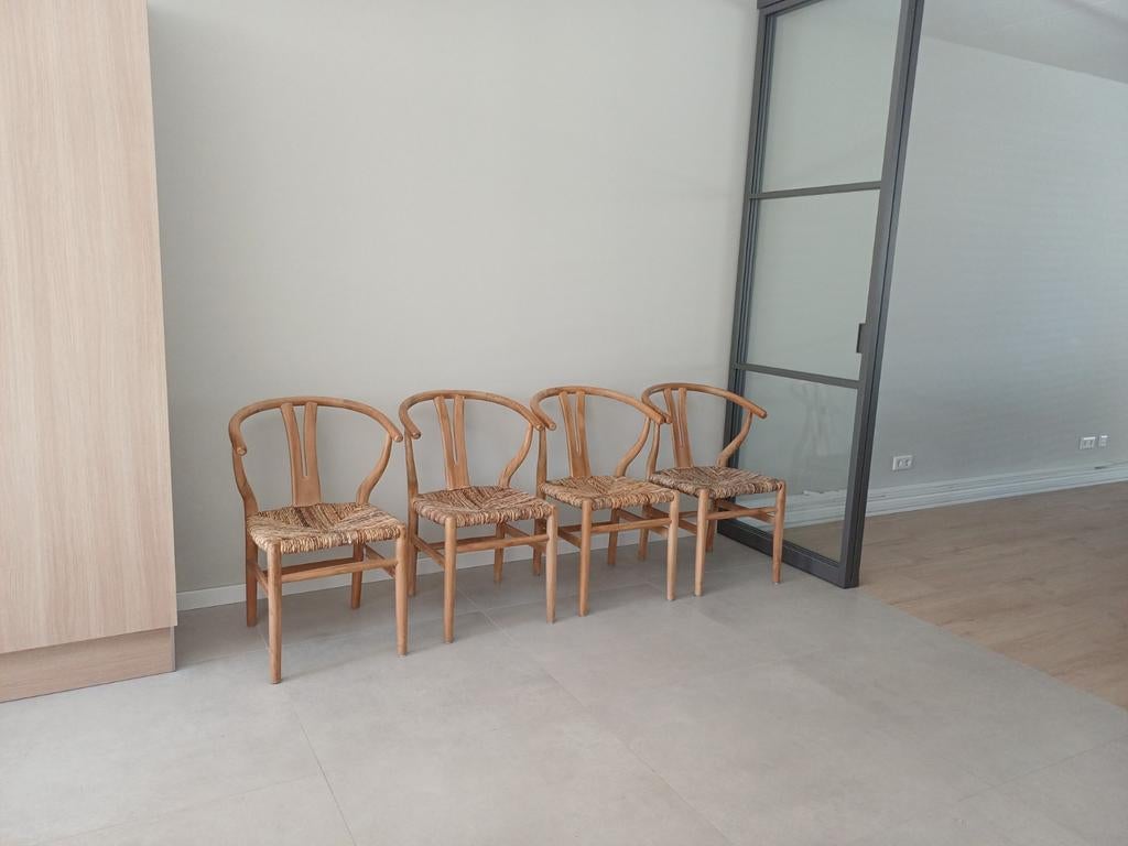 4 eetkamerstoelen teak/riet., Ophalen, Minder dan 50 cm, Teakhout, Minder dan 50 cm