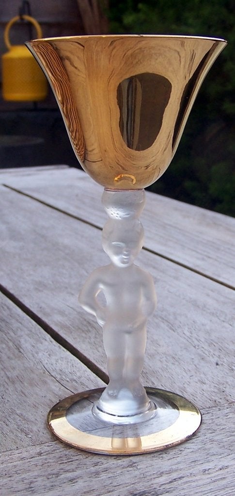Uniek decoratief glas met gouden kelk en figuur(Manneke Pis), Verzamelen, Ophalen of Verzenden, Zo goed als nieuw, Overige typen