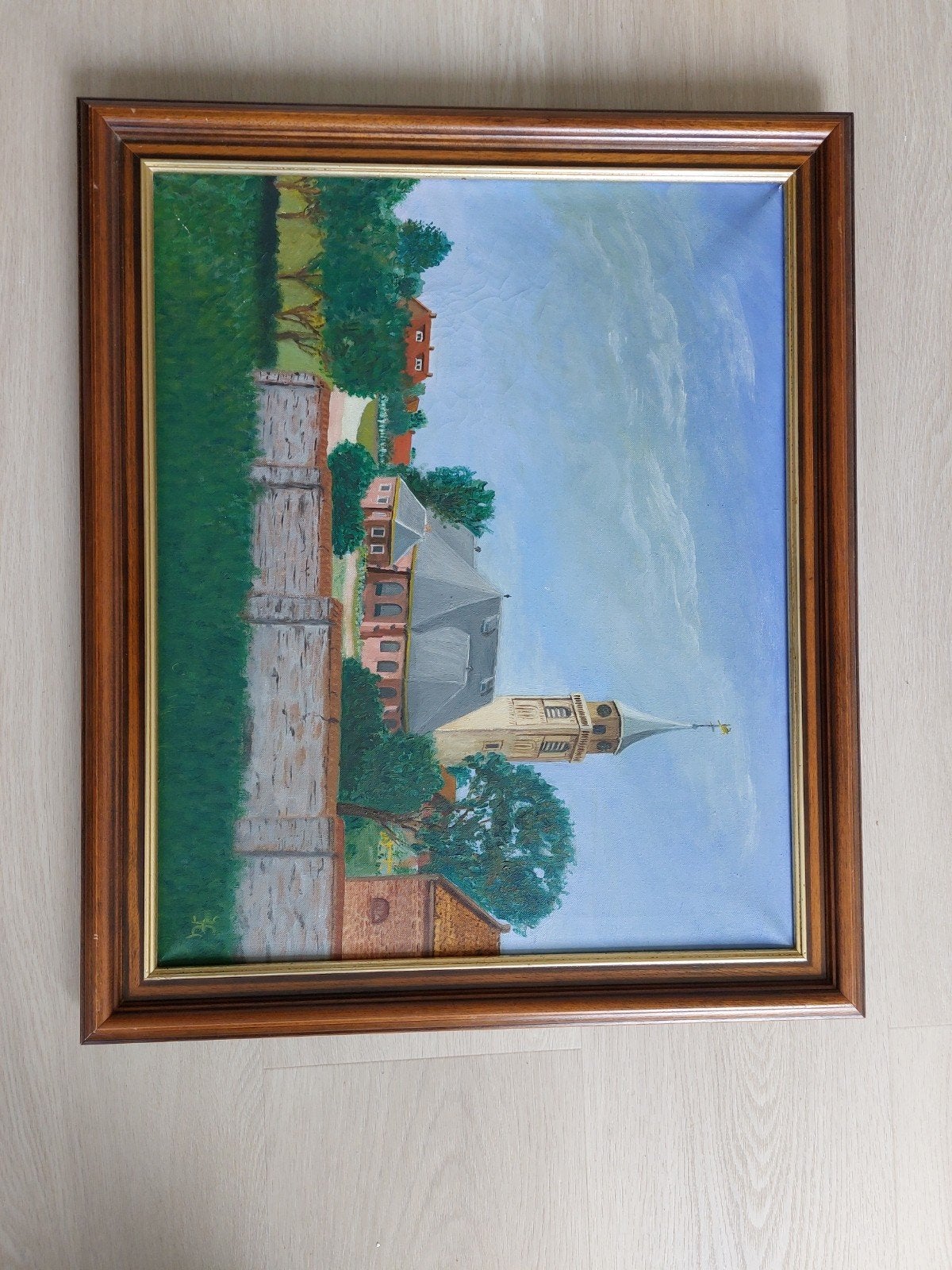 Schilderij dorpsgezicht Rijnsburg met kerk, Antiek en Kunst, Doek, Realistisch, Ophalen of Verzenden, Olieverf