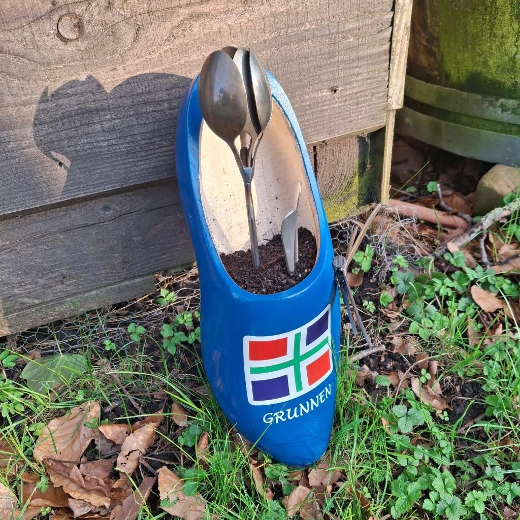 Klomp met tulp en libelle - ijzer en hout decoratie, Ophalen, Nieuw