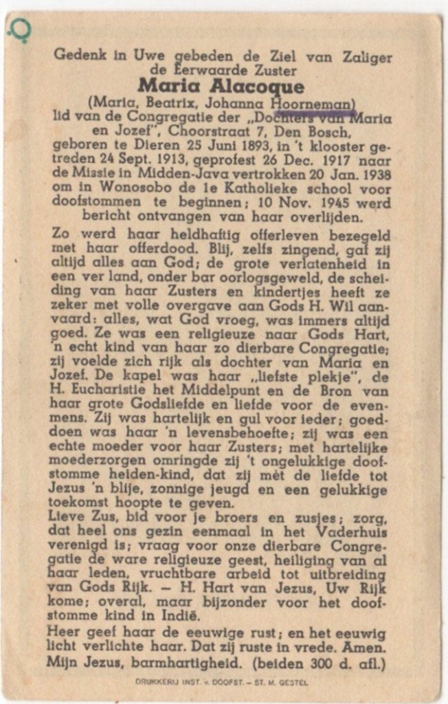 zr. Maria Hoorneman 1893 Dieren + 1945 Wonosoba Java, Verzamelen, Bidprentjes en Rouwkaarten, Verzenden