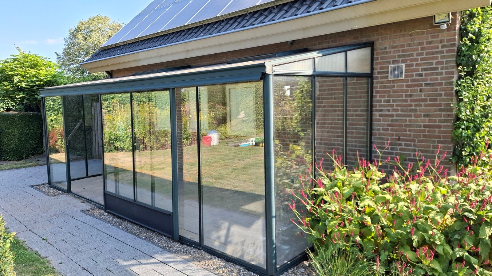 Muurkas ca. 6,10 x 2,30 m - groen, Ophalen, Gebruikt, Muurkas, Glas