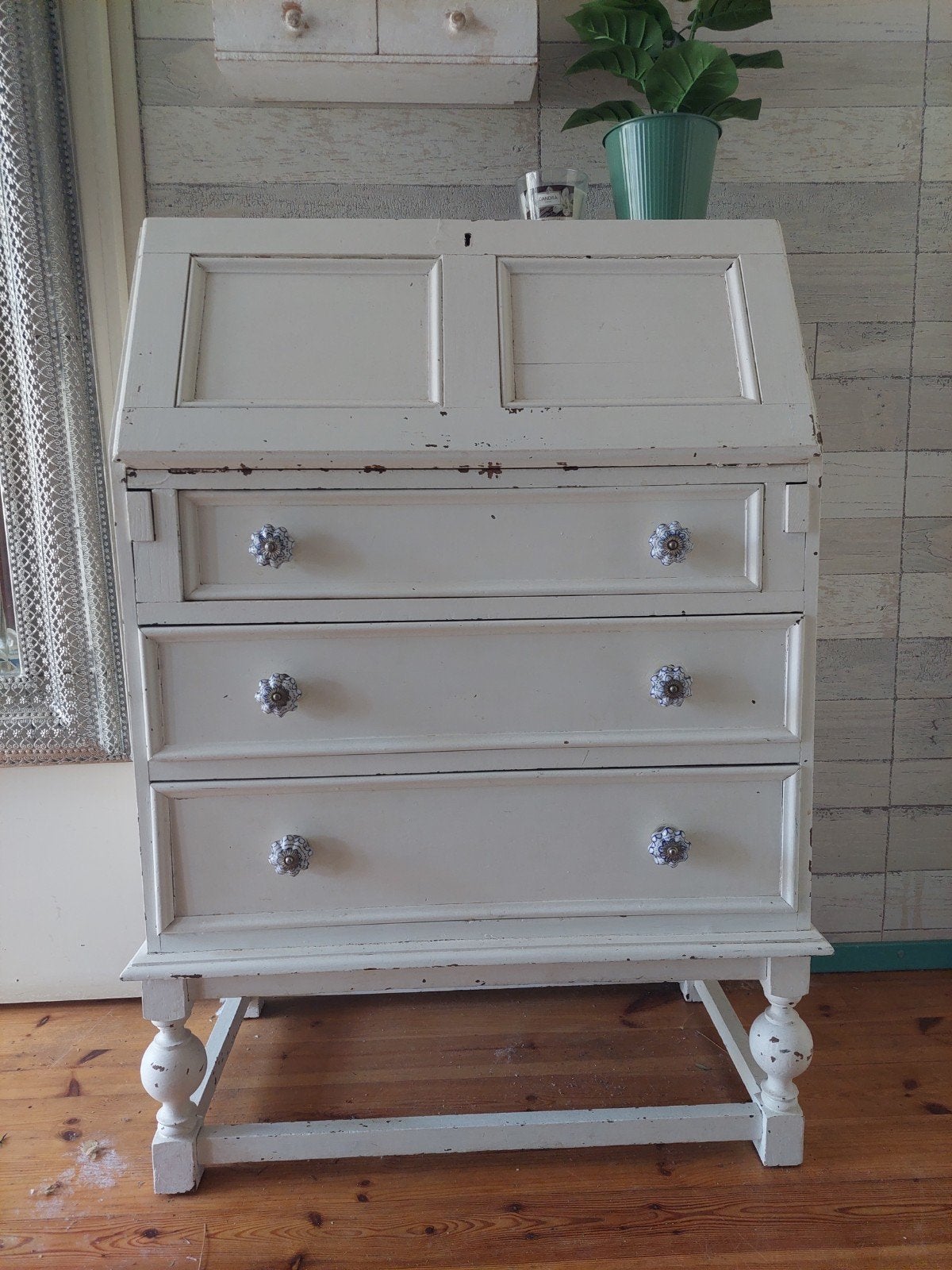 Antiek secretaire bureau met lades - crème wit, Ophalen