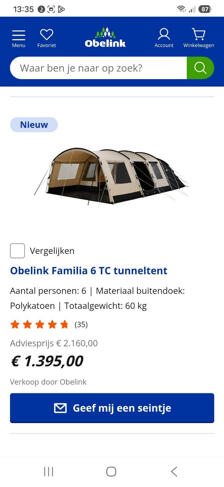 obelink tent 6 personen, Ophalen