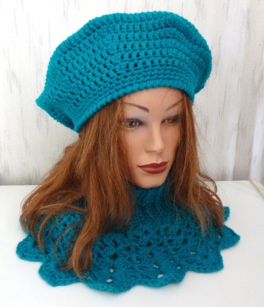 Baret  met col turqoise, Verzenden, Maat 46/48 (XL) of groter, Nieuw, Handgemaakt