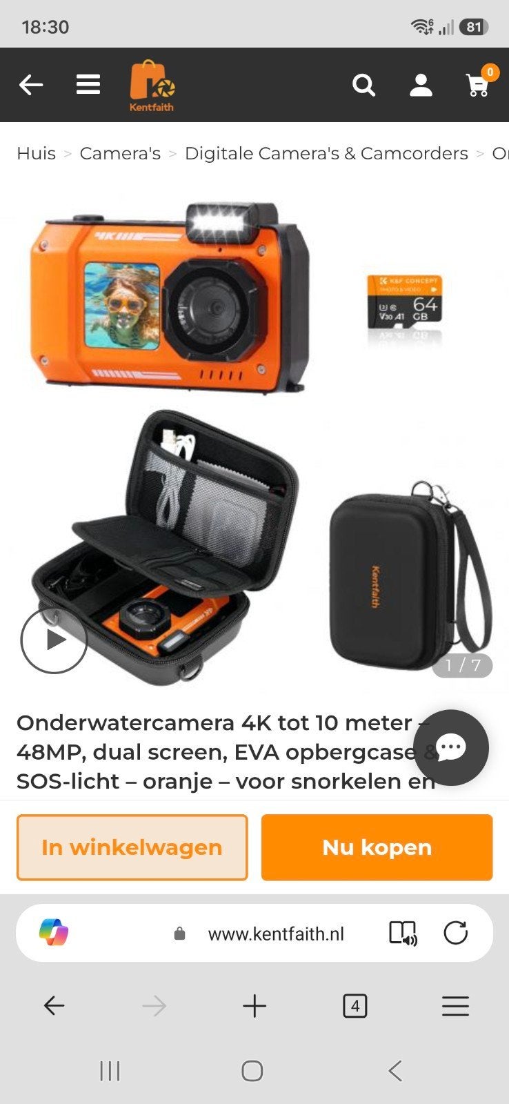 Kentfaith Onderwatercamera 4K tot 10 meter - Oranje, Inclusief koffer/tas, Compactcamera, Ophalen of Verzenden, Zo goed als nieuw