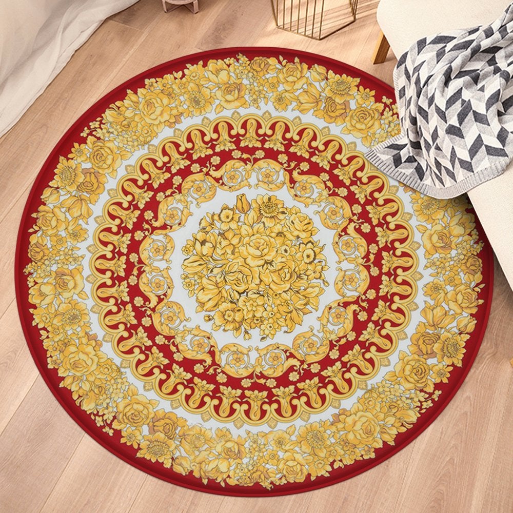 Rood Wit Goud Bloemen Barok Rond Vloerkleed Kleed Tapijt, 100 tot 150 cm, Verzenden, Rond, Nieuw