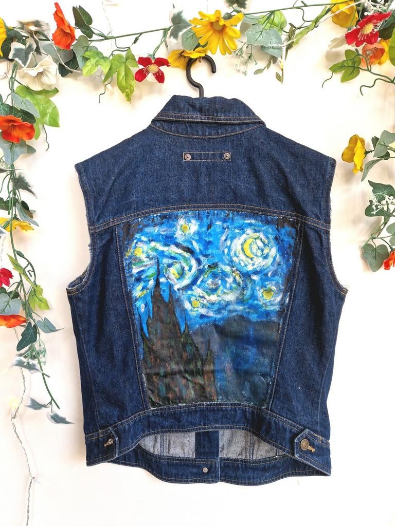 Super gaaf vintage hand geverfd starry night gilet, Ophalen of Verzenden, Zo goed als nieuw, Maat 38/40 (M), Blauw