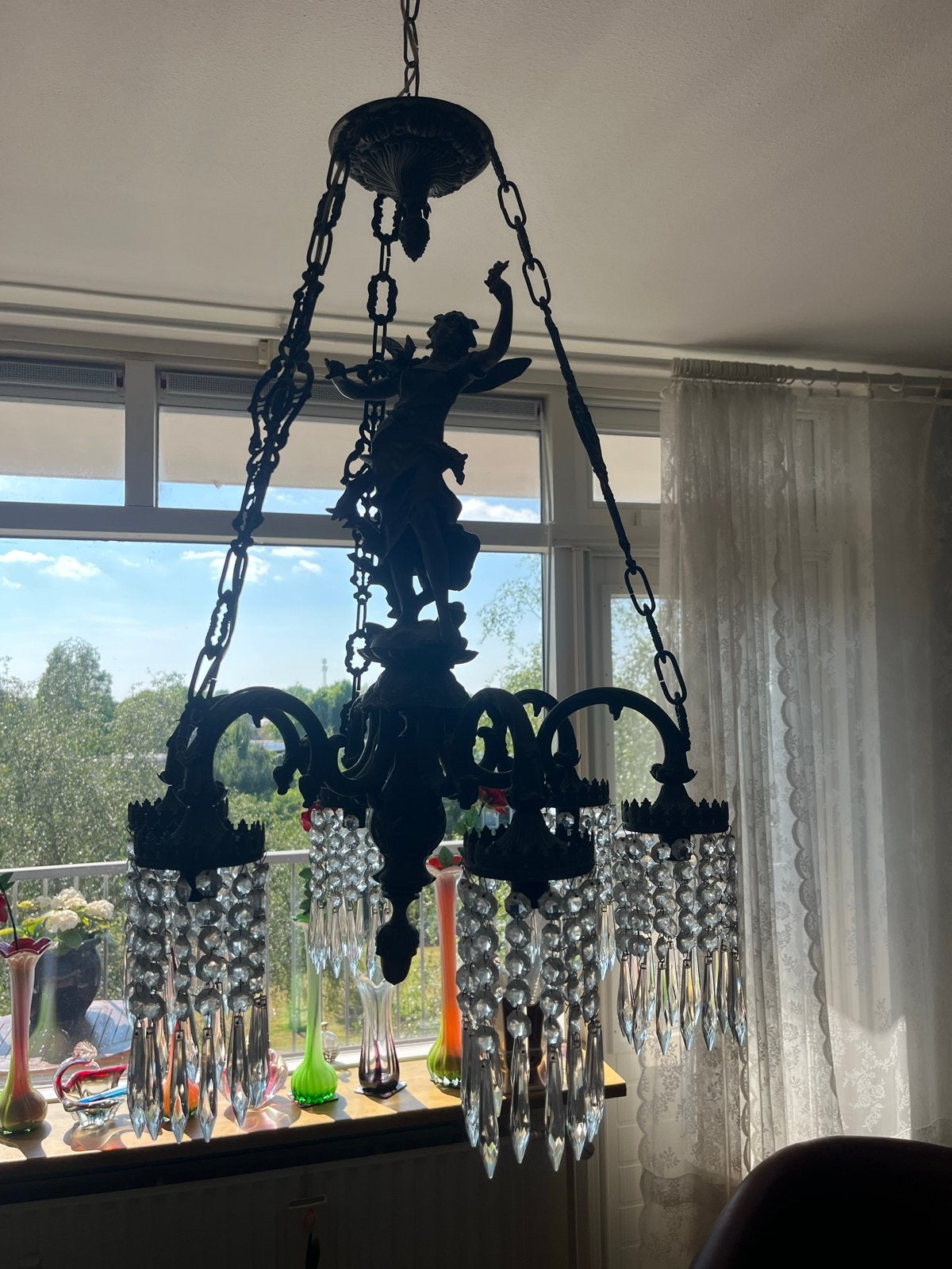 Bronzen Hanglamp met Kristallen, Antiek en Kunst, Antiek | Lampen, Ophalen