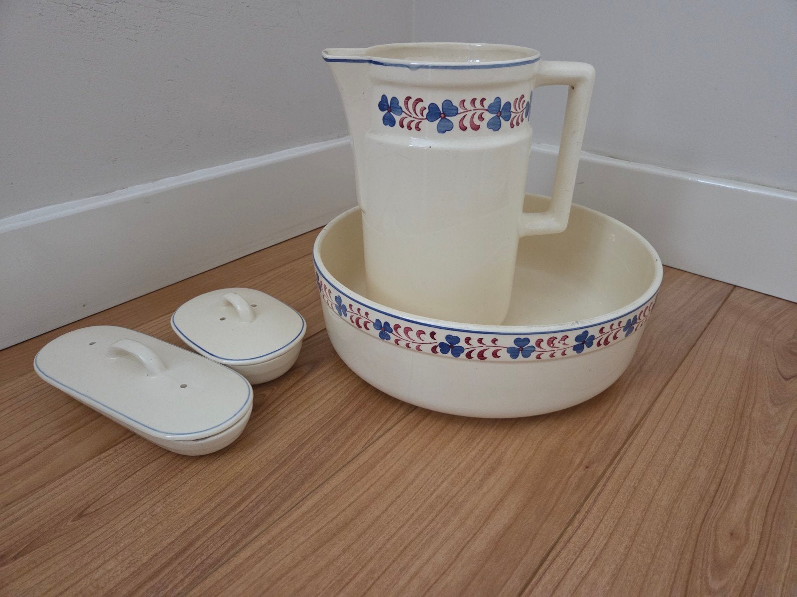 Antieke Wasstel met Bloemenmotief - Kan, Kom en Zeepbakjes, Antiek en Kunst, Ophalen