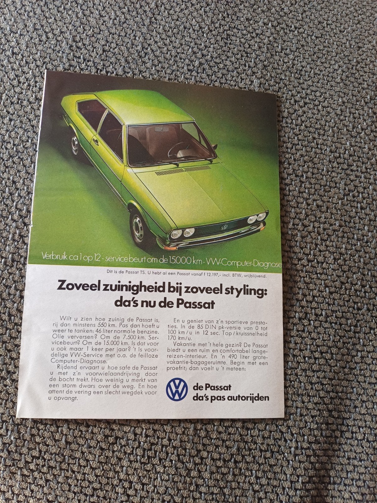 advertentie Volkswagen Passat groen 1975, Ophalen of Verzenden, Zo goed als nieuw, Auto's