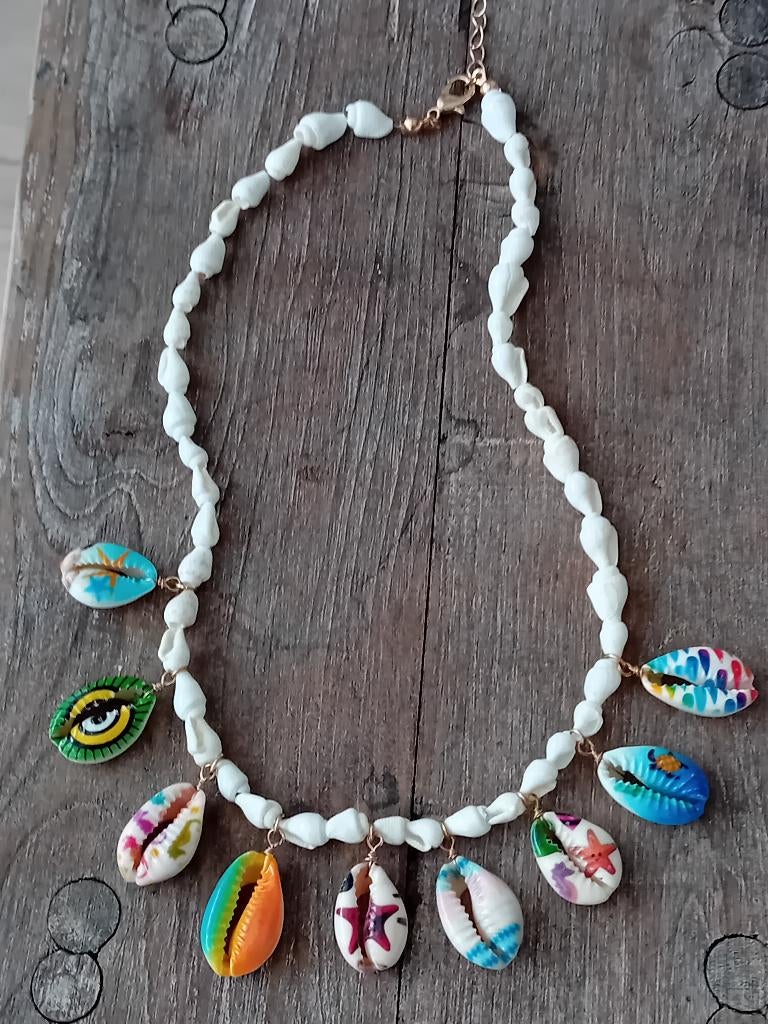 Schelpenketting sea snail shells + 9 bedrukte kauri schelpen, Overige materialen, Verstelbaar, Wit, Nieuw