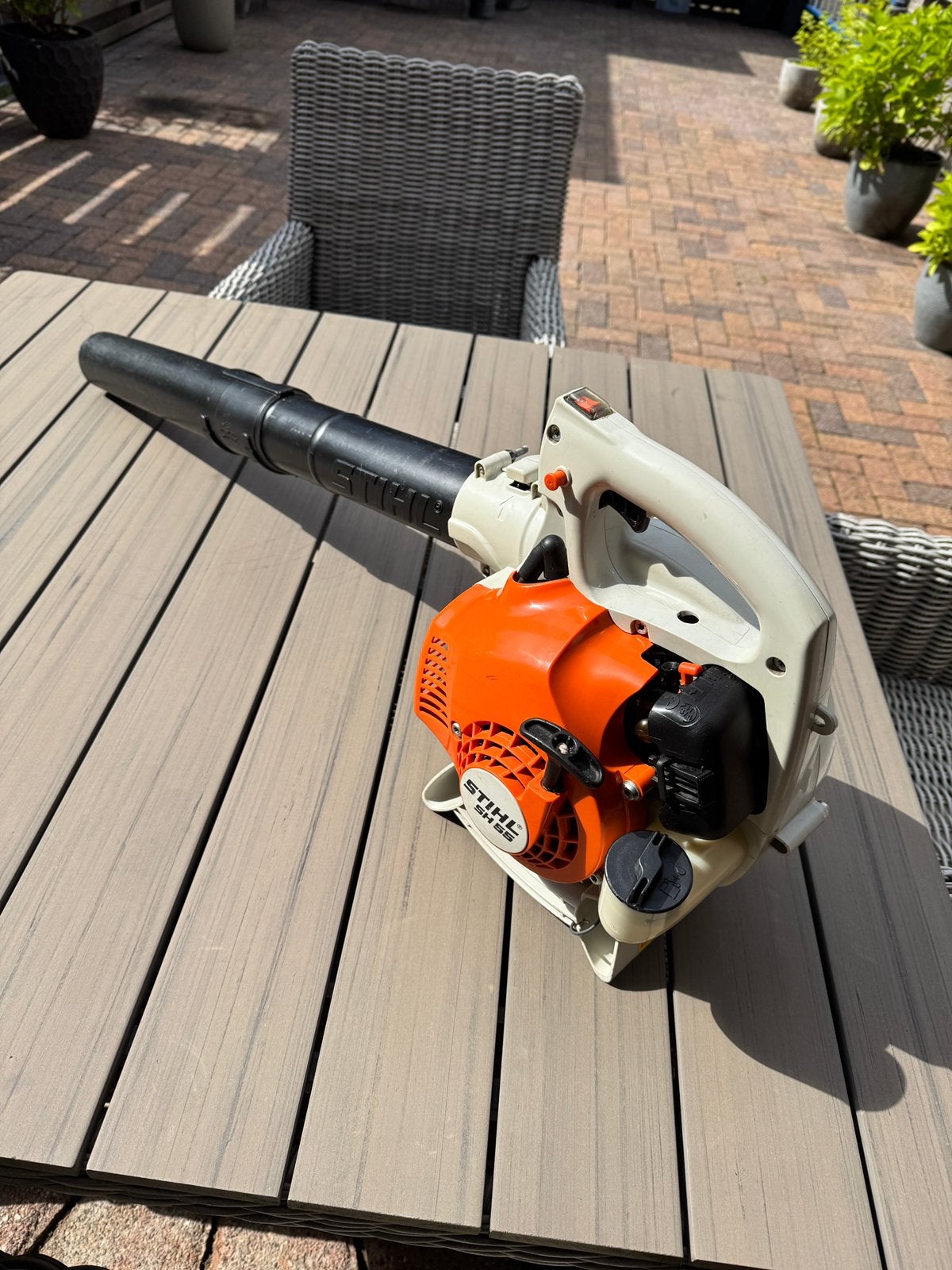 Sterke Stihl SH 55 Bladblazer in perfecte staat en klaar ., Benzine, Met zuigfunctie, Handgedragen, Ophalen of Verzenden