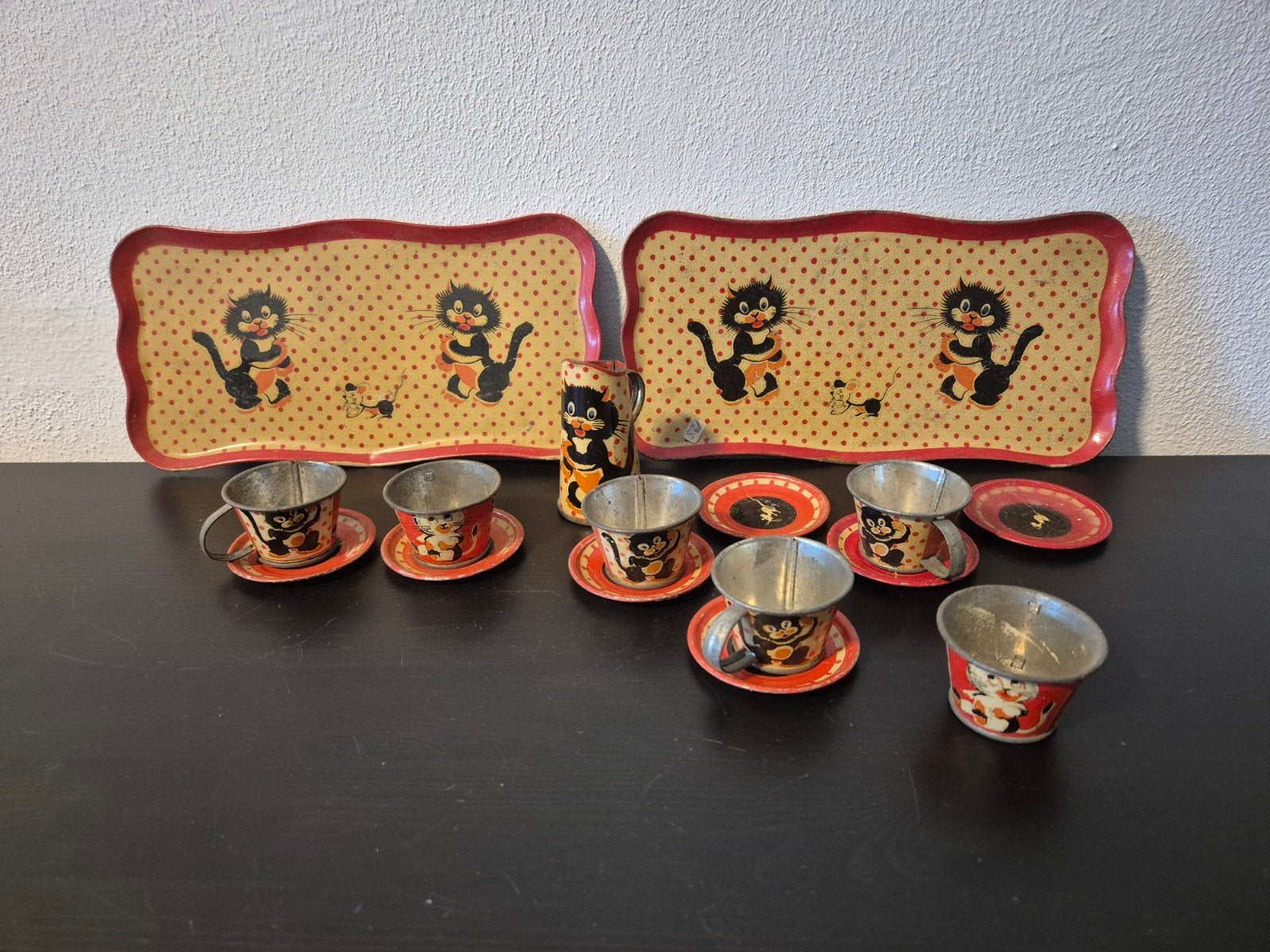 Vintage blikken theeservies met katten en muizen, Ophalen of Verzenden