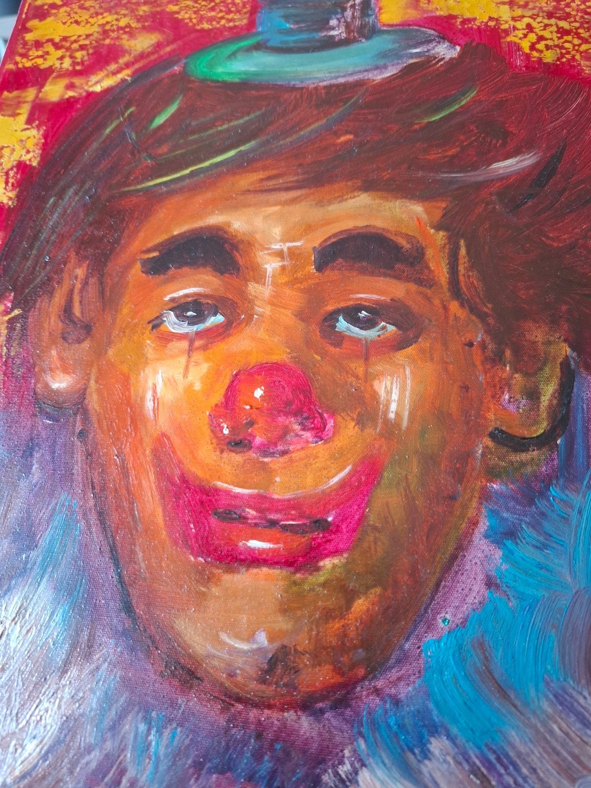 Droevige clown Carlo A. Atzori '78 - Olieverf op doek, Ophalen of Verzenden, Op houten frame, Olieverf, Portret