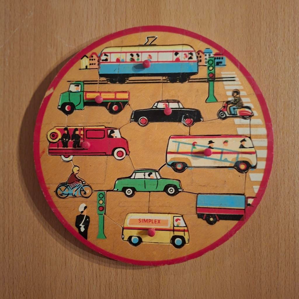 Vintage Houten Voertuigen Puzzel - Simplex, Ophalen of Verzenden