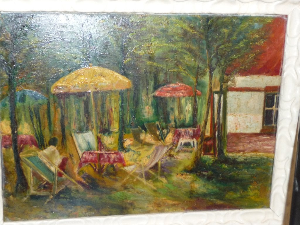 Olieverf schilderij, terras in bos., Antiek en Kunst, Kunst | Schilderijen | Klassiek, Paneel, Origineel werk, Ophalen of Verzenden