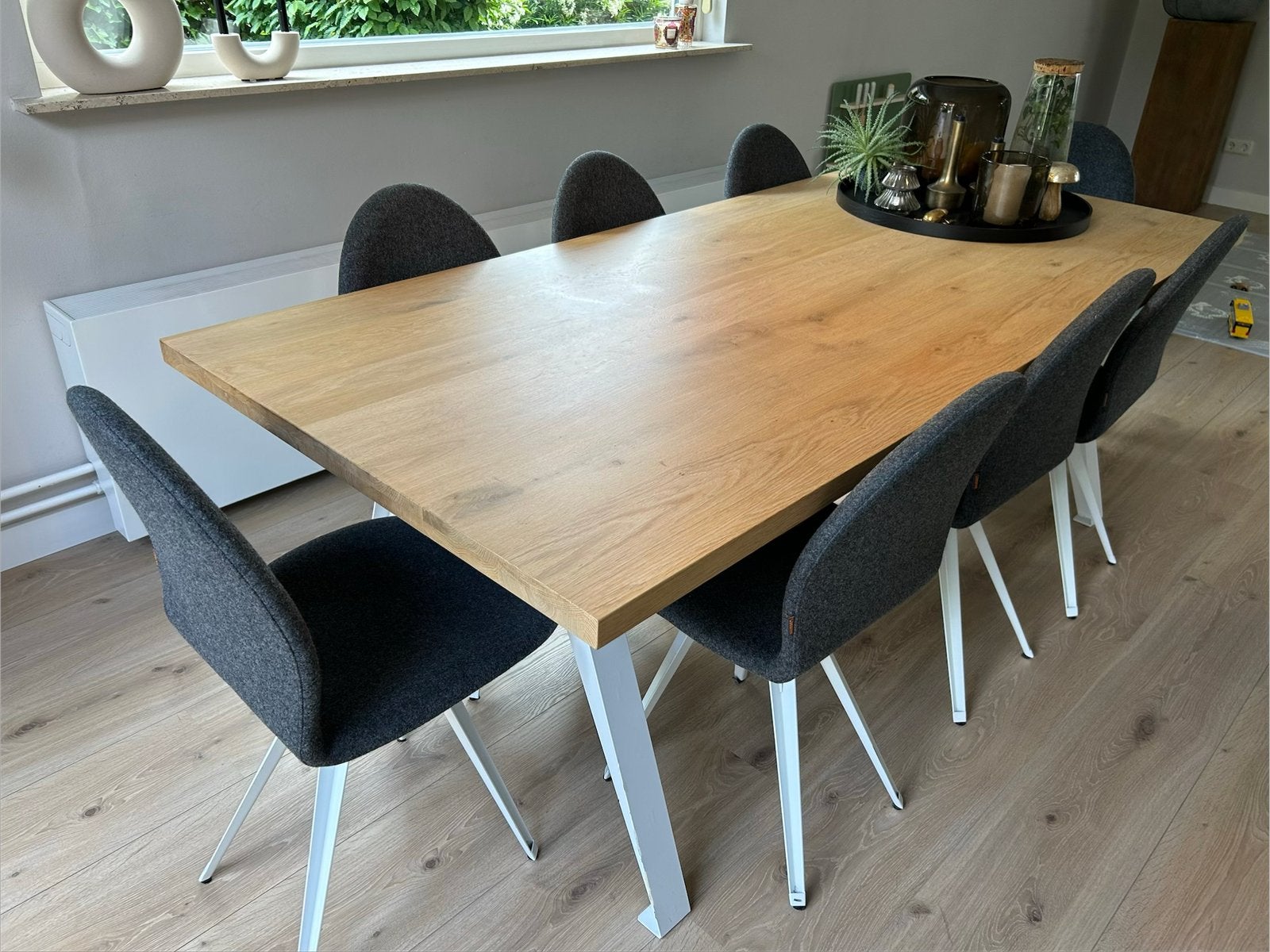 Eettafel massief eiken 220x100cm + 8x stoelen, Ophalen, 200 cm of meer, 50 tot 100 cm, Zo goed als nieuw