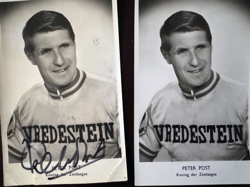 Wielrennen 2 fotokaarten VREDESTEIN–PETER POST– 1 gesigneerd, Ophalen of Verzenden, Overige typen