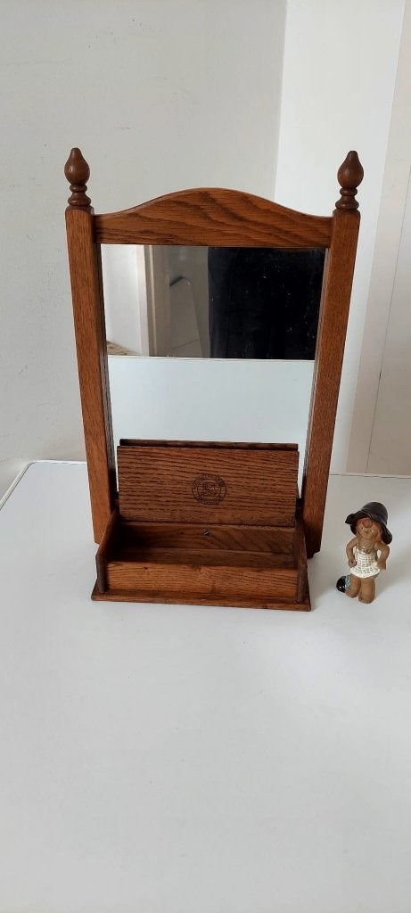 Vintage Eiken Spiegel met Opbergvak Kaptafel make upe, Antiek en Kunst, Ophalen of Verzenden, Rechthoekig, Minder dan 50 cm, Minder dan 100 cm
