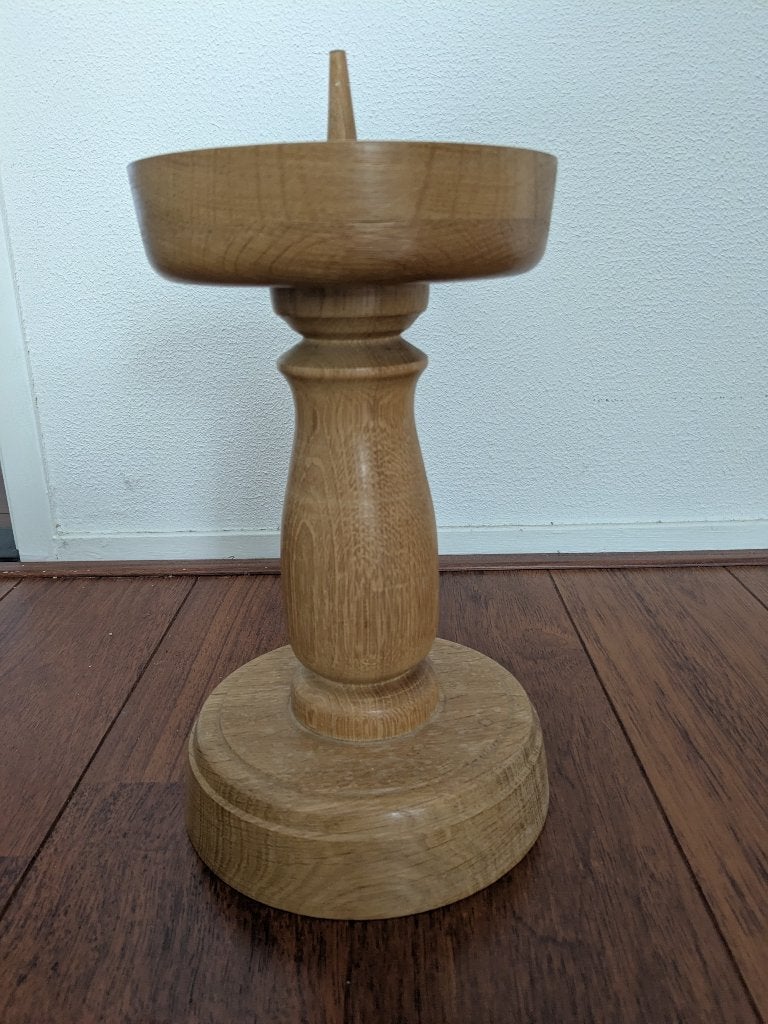 Brutalistische eiken kandelaar, Ophalen, 31 cm, Gebruikt, Beige