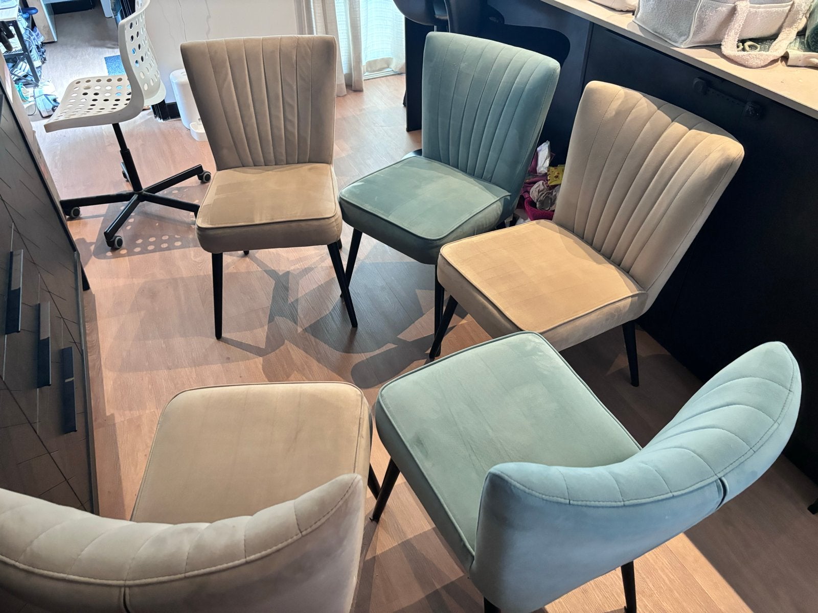 5 Goossens eetkamerstoelen Rob velvet, Ophalen, Gebruikt, Overige kleuren, Stof