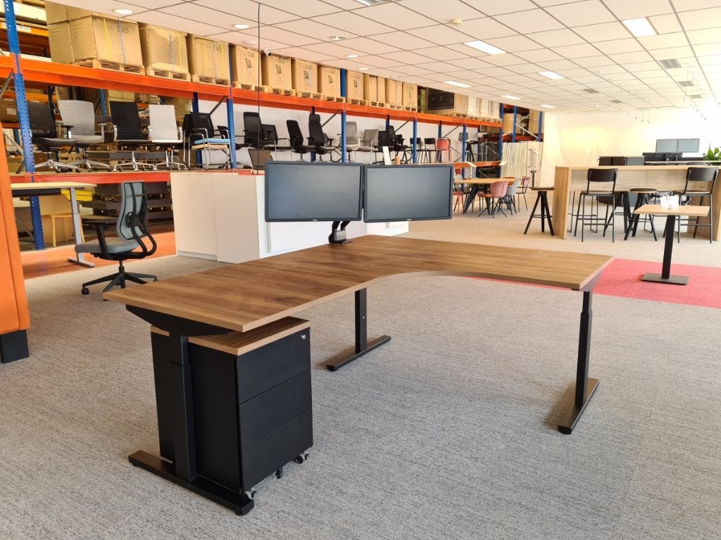 Hoekbureau cognac walnoot, Ophalen of Verzenden, In hoogte verstelbaar, Nieuw, Hoekbureau