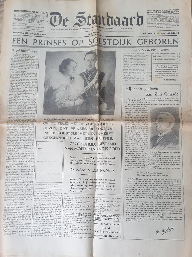 Krant (de standaard) van geboorte prinses Beatrix (1938), Verzamelen, Koninklijk Huis en Royalty, Ophalen of Verzenden, Gebruikt