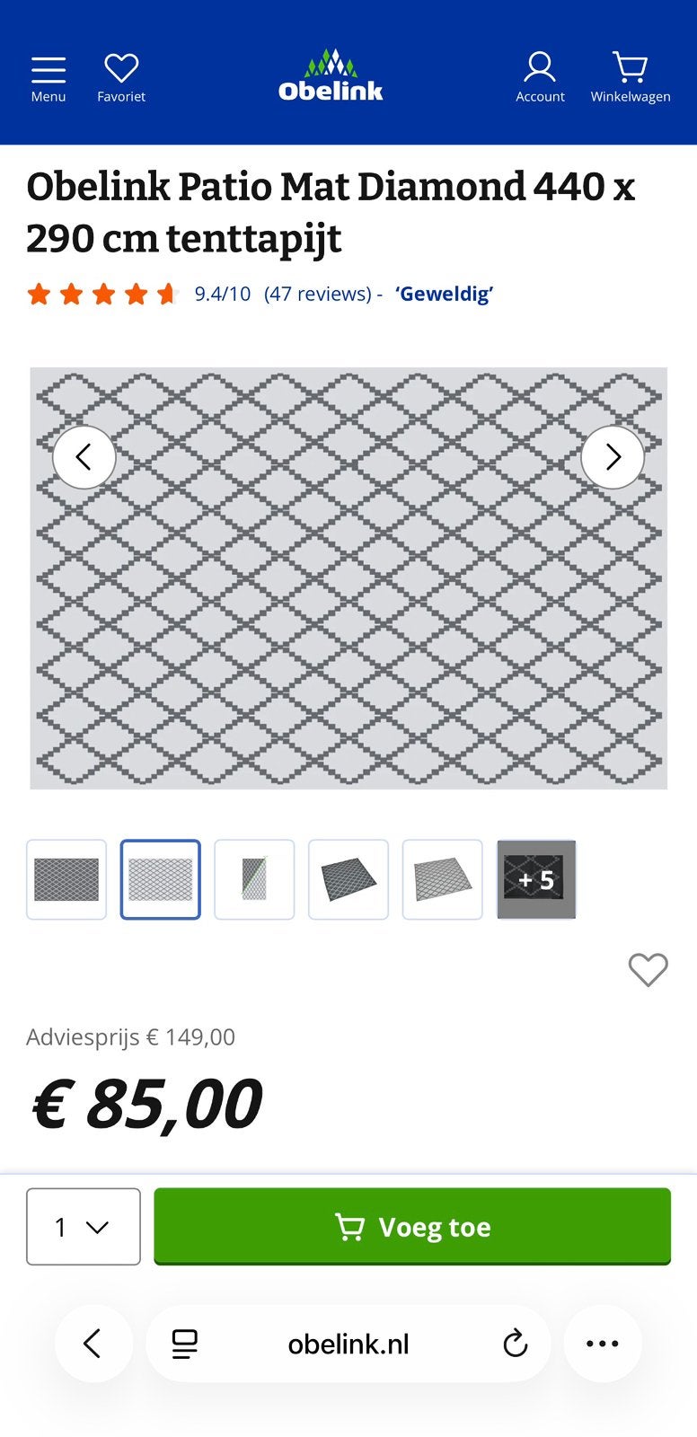 Obelink Patio mat diamond 440-290, Ophalen, Zo goed als nieuw
