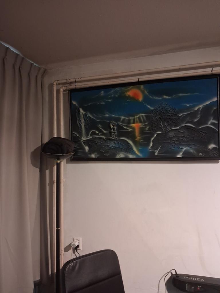 Schilderij met zonsondergang en waterval, Ophalen of Verzenden